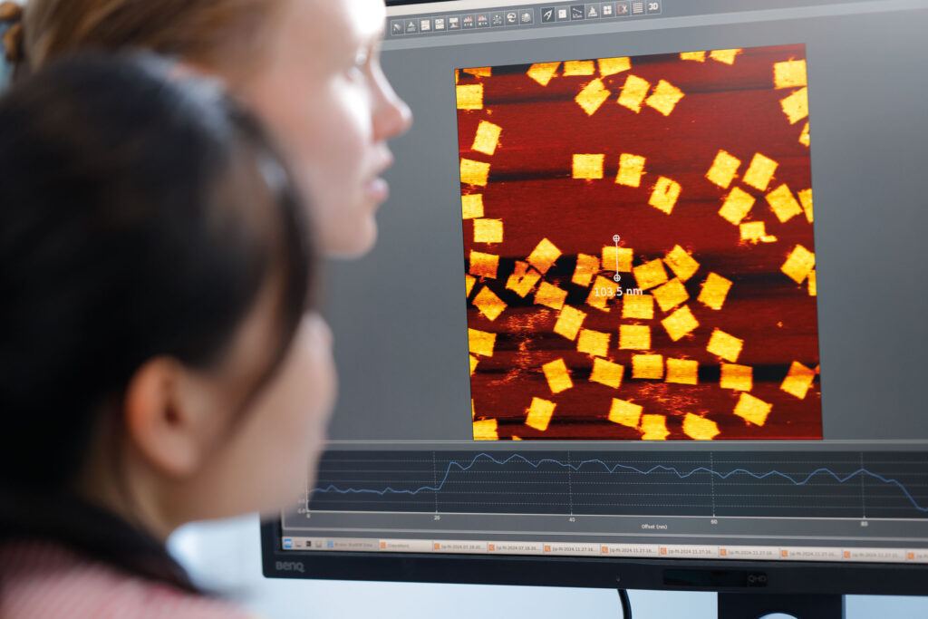 Vom Computerentwurf zur echten Nanostruktur: Die gelben Rechtecke sind nur etwa 80 × 60 Nanometer groß – rund tausend Mal kleiner als die Breite eines menschlichen Haares. Die Aufnahme zeigt, ob sich die zuvor am Computer entworfenen 
Formen wirklich wie geplant zusammengesetzt haben. Im Bild v. l . n. r.: Mai P. Tran und Alena Taskina, PhD-Studentin, Zentrum für Molekulare Biologie Heidelberg.