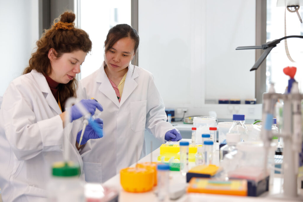 Chemische und enzymatische Prozesse bilden die Grundlage für die Arbeit mit synthetischen Zellsystemen. Mit im Bild: Maja Lehr, PhD-Studentin, Zentrum für Molekulare Biologie Heidelberg.